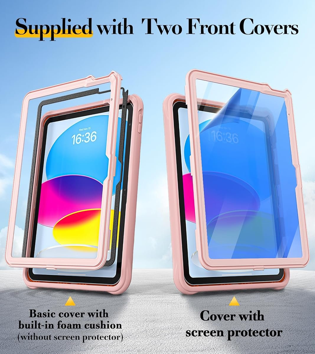 Two included front covers for the iPad case, one with a foam cushion frame and one with a built-in screen protector