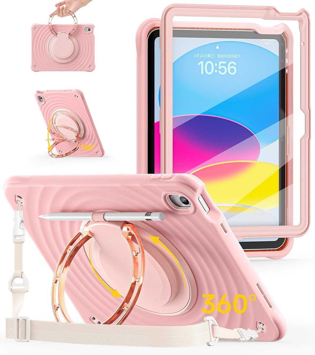 BRAECN Ripple iPad case shown front and back with rose-gold rotating ring stand, shoulder strap and rear pencil holder
